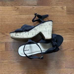 Chunky Cork Wedge Sandals with Ankle Strap and Bow Detail